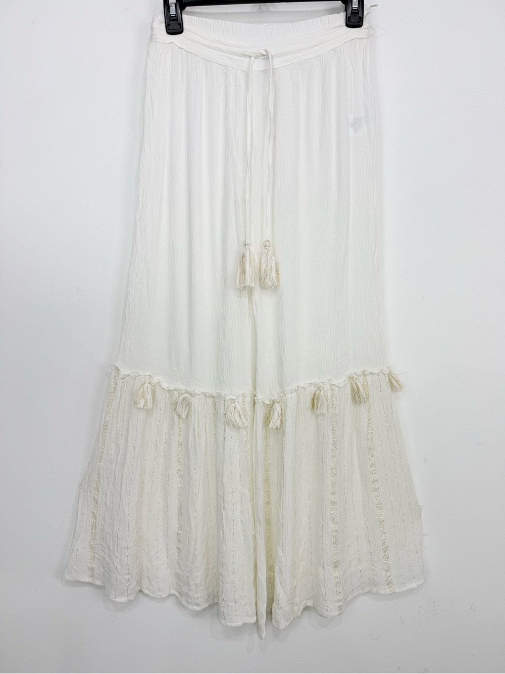 Turks & Caicos White Metallic Gold Wide Leg Crinkle Rayon Tassel Boho Beach Pant
